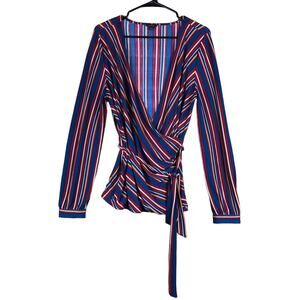 Ann Taylor Womens Blouse Multicolor Striped Belted Ruched Wrap Plunge Neck L